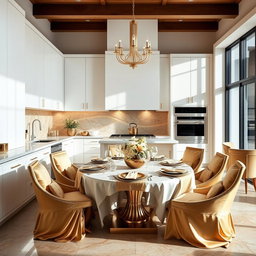 A luxurious modern kitchen dining area featuring sleek white cabinetry, elegant gold accents, and rich textures