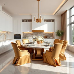 A luxurious modern kitchen dining area featuring sleek white cabinetry, elegant gold accents, and rich textures