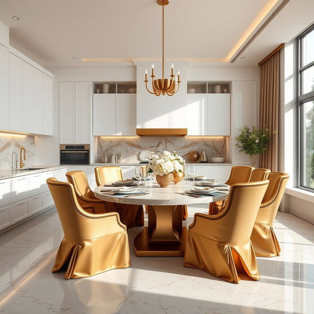 A luxurious modern kitchen dining area featuring sleek white cabinetry, elegant gold accents, and rich textures