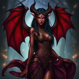 A female tiefling with striking features, showcasing elegant, large bat-like wings