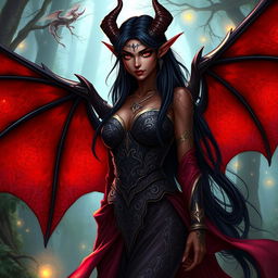 A female tiefling with striking features, showcasing elegant, large bat-like wings