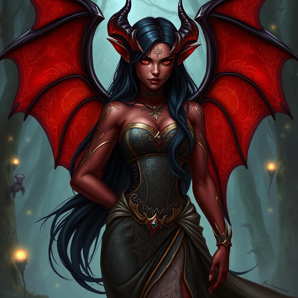 A female tiefling with striking features, showcasing elegant, large bat-like wings