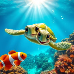 A cute turtle swimming in the clear blue ocean alongside a friendly fish