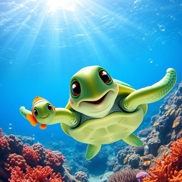 A cute turtle swimming in the clear blue ocean alongside a friendly fish
