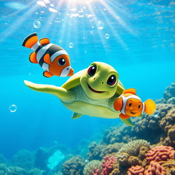 A cute turtle swimming in the clear blue ocean alongside a friendly fish