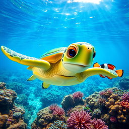 A cute turtle swimming in the clear blue ocean alongside a friendly fish