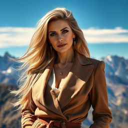 A sexy Russian woman aged 45-50 with long, stylish hair elegantly cascading