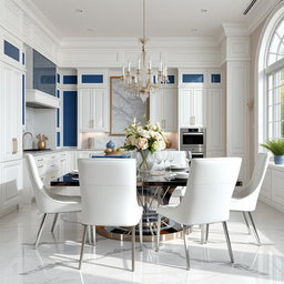 A luxurious modern kitchen dining area featuring sleek white cabinetry, elegant silver accents, and rich blue details