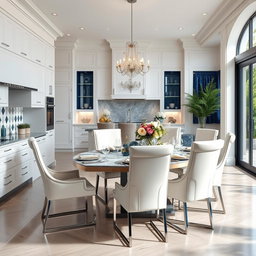 A luxurious modern kitchen dining area featuring sleek white cabinetry, elegant silver accents, and rich blue details