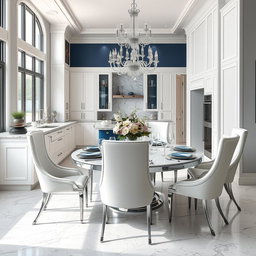 A luxurious modern kitchen dining area featuring sleek white cabinetry, elegant silver accents, and rich blue details