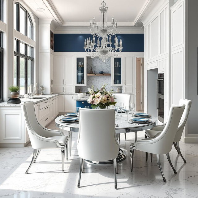 A luxurious modern kitchen dining area featuring sleek white cabinetry, elegant silver accents, and rich blue details