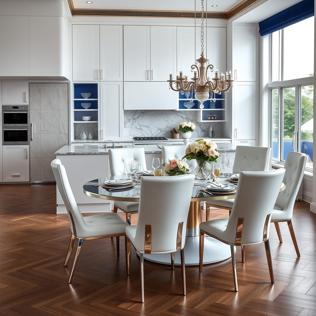 A luxurious modern kitchen dining area featuring sleek white cabinetry, elegant silver accents, and rich blue details