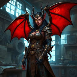 A female artificer tiefling character with stunning, large, bat-like wings