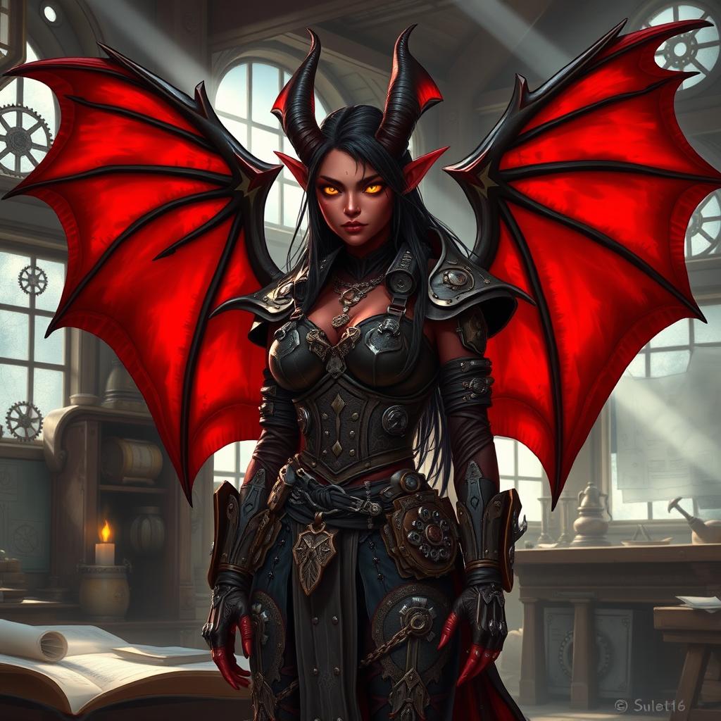 A female artificer tiefling character with stunning, large, bat-like wings