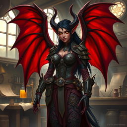 A female artificer tiefling character with stunning, large, bat-like wings