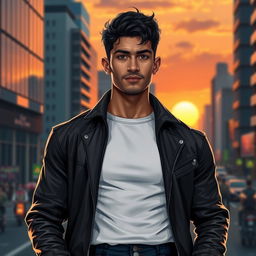 A portrait of a fictional character named Jasem, who is a tall man with an athletic build