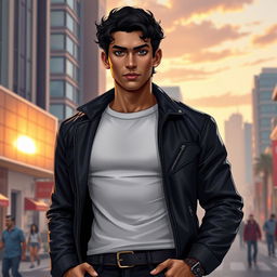 A portrait of a fictional character named Jasem, who is a tall man with an athletic build