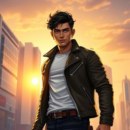A portrait of a fictional character named Jasem, who is a tall man with an athletic build