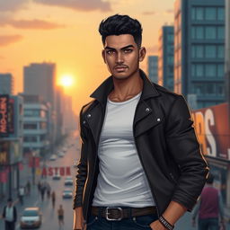 A portrait of a fictional character named Jasem, who is a tall man with an athletic build