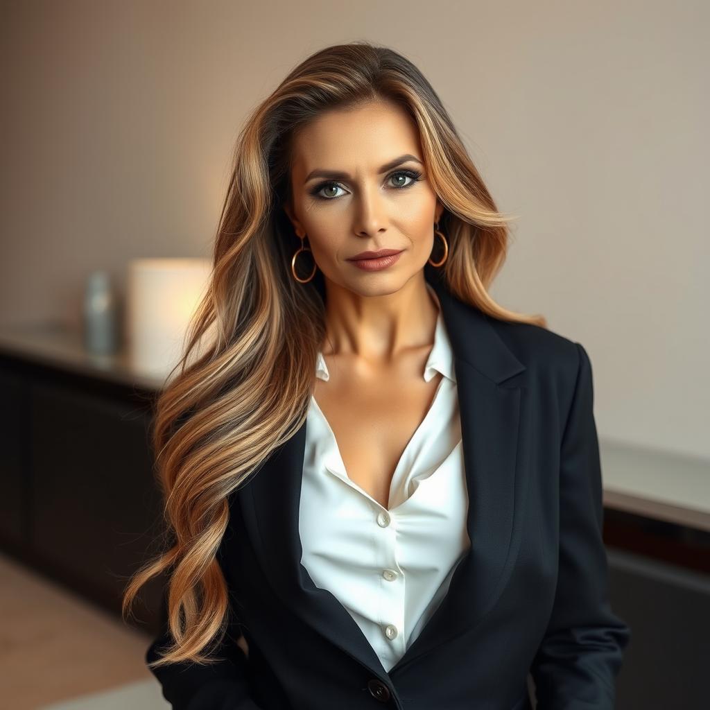 A sexy Russian woman aged 45-50 with long, elegantly styled hair, embodying a modern and fashionable look