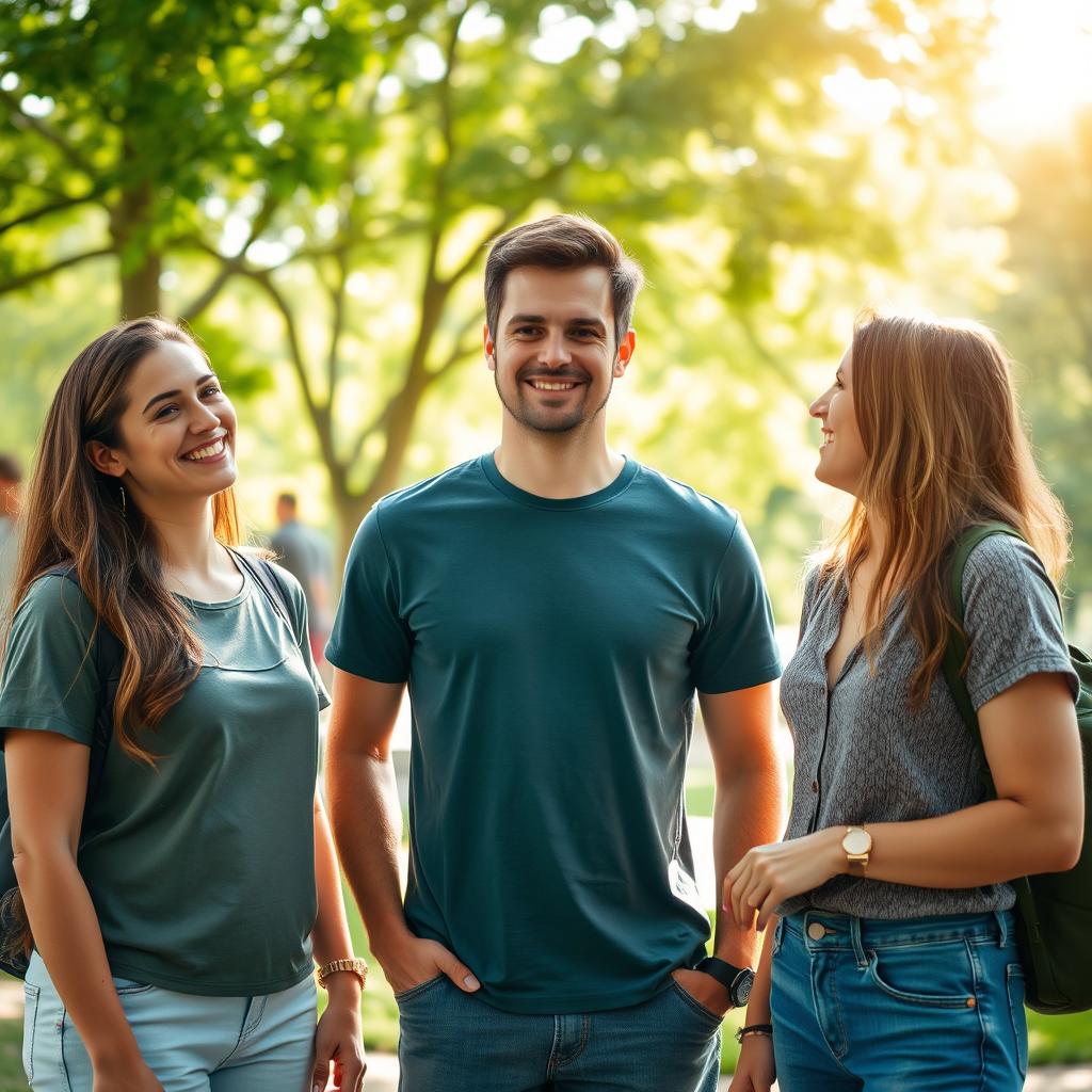 A lively outdoor scene featuring three friends standing together, engaged in conversation
