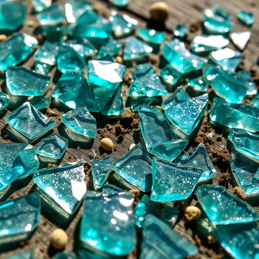 A close-up of broken glass fragments glistening in the sunlight, each shard reflecting shades of blue and green