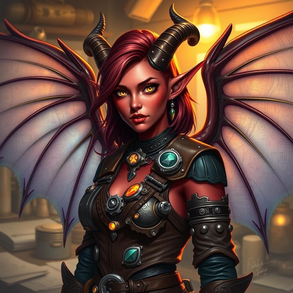 A detailed and captivating portrait of a female tiefling artificer with elegant wings, showcasing her unique features