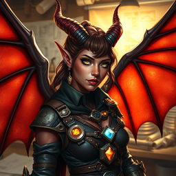 A detailed and captivating portrait of a female tiefling artificer with elegant wings, showcasing her unique features