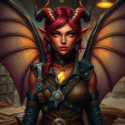 A detailed and captivating portrait of a female tiefling artificer with elegant wings, showcasing her unique features