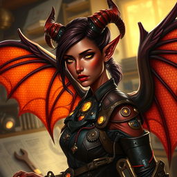 A detailed and captivating portrait of a female tiefling artificer with elegant wings, showcasing her unique features
