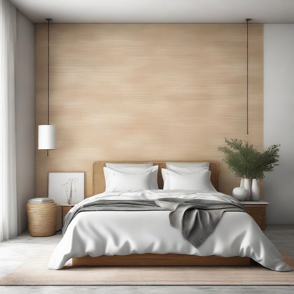 A serene bedroom scene showcasing a beautiful Venetian plaster wall as the backdrop, contrasted with a well-made white linen bed and accented by a natural rattan headboard.