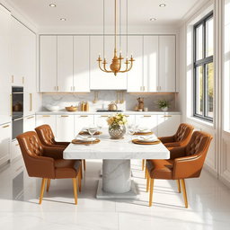 A luxurious modern kitchen dining area featuring sleek white cabinetry with subtle gold accents, showcasing sophistication