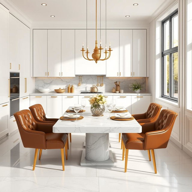 A luxurious modern kitchen dining area featuring sleek white cabinetry with subtle gold accents, showcasing sophistication