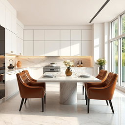 A luxurious modern kitchen dining area featuring sleek white cabinetry with subtle gold accents, showcasing sophistication