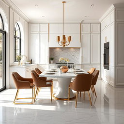A luxurious modern kitchen dining area featuring sleek white cabinetry with subtle gold accents, showcasing sophistication