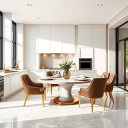 A luxurious modern kitchen dining area featuring sleek white cabinetry with subtle gold accents, showcasing sophistication