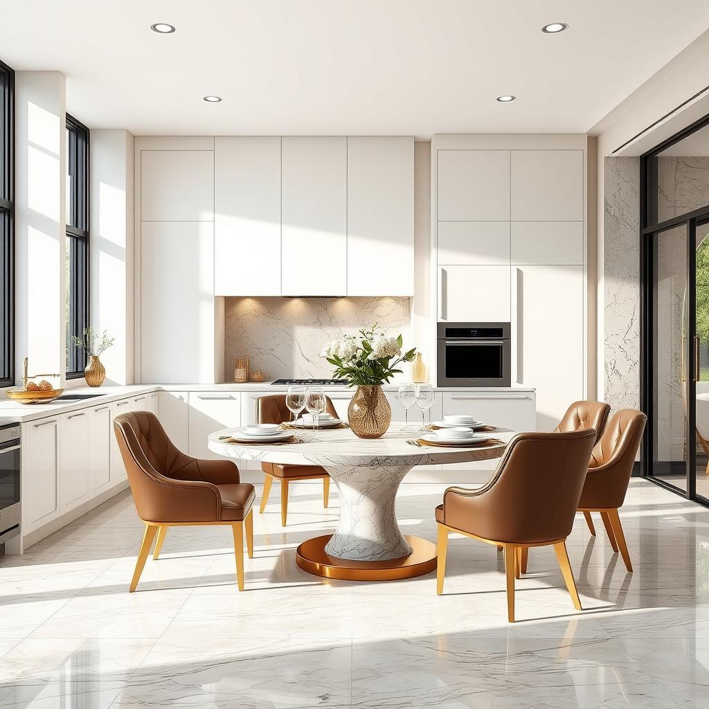 A luxurious modern kitchen dining area featuring sleek white cabinetry with subtle gold accents, showcasing sophistication