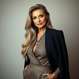 A sexy Russian woman aged 45-50 with long, beautifully styled hair, sporting a modern and fashionable hairstyle
