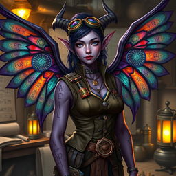 A female tiefling artificer with intricate, colorful wings, showcasing her unique heritage