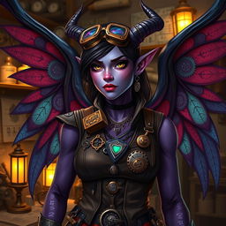 A female tiefling artificer with intricate, colorful wings, showcasing her unique heritage