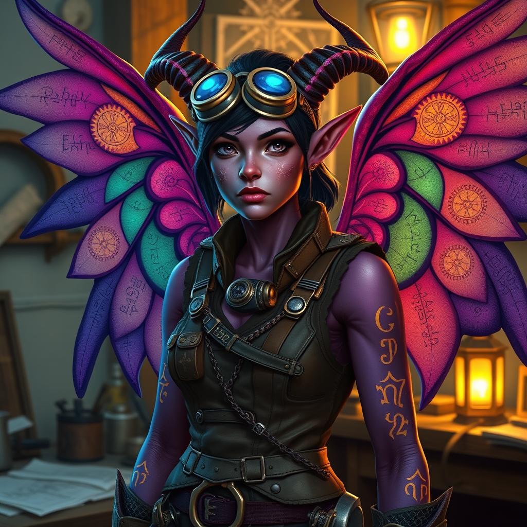 A female tiefling artificer with intricate, colorful wings, showcasing her unique heritage