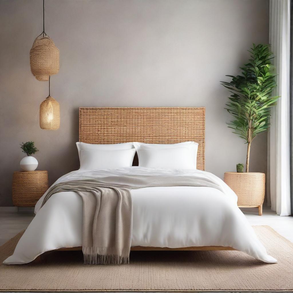 A serene bedroom scene showcasing a beautiful Venetian plaster wall as the backdrop, contrasted with a well-made white linen bed and accented by a natural rattan headboard.