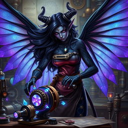 A female artificer tiefling with striking black and purple skin, intricate arcane tattoos glowing with magical energy