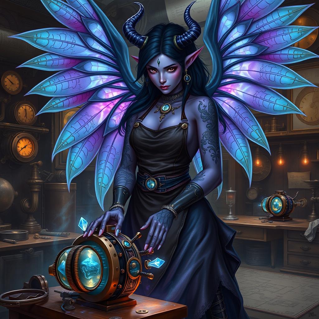A female artificer tiefling with striking black and purple skin, intricate arcane tattoos glowing with magical energy