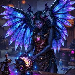 A female artificer tiefling with striking black and purple skin, intricate arcane tattoos glowing with magical energy
