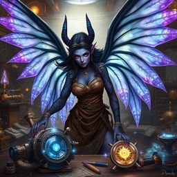 A female artificer tiefling with striking black and purple skin, intricate arcane tattoos glowing with magical energy