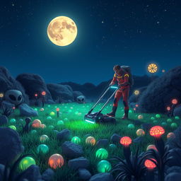 A whimsical scene depicting a fantastical landscape where a gardener is mowing a luminous, surreal lawn made of vibrant moon rocks