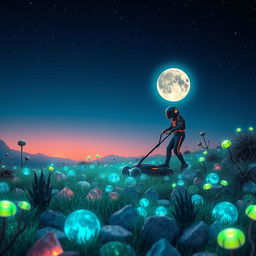 A whimsical scene depicting a fantastical landscape where a gardener is mowing a luminous, surreal lawn made of vibrant moon rocks
