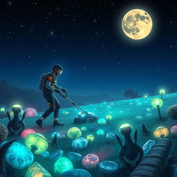 A whimsical scene depicting a fantastical landscape where a gardener is mowing a luminous, surreal lawn made of vibrant moon rocks