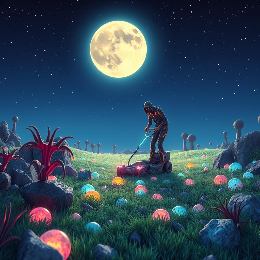 A whimsical scene depicting a fantastical landscape where a gardener is mowing a luminous, surreal lawn made of vibrant moon rocks